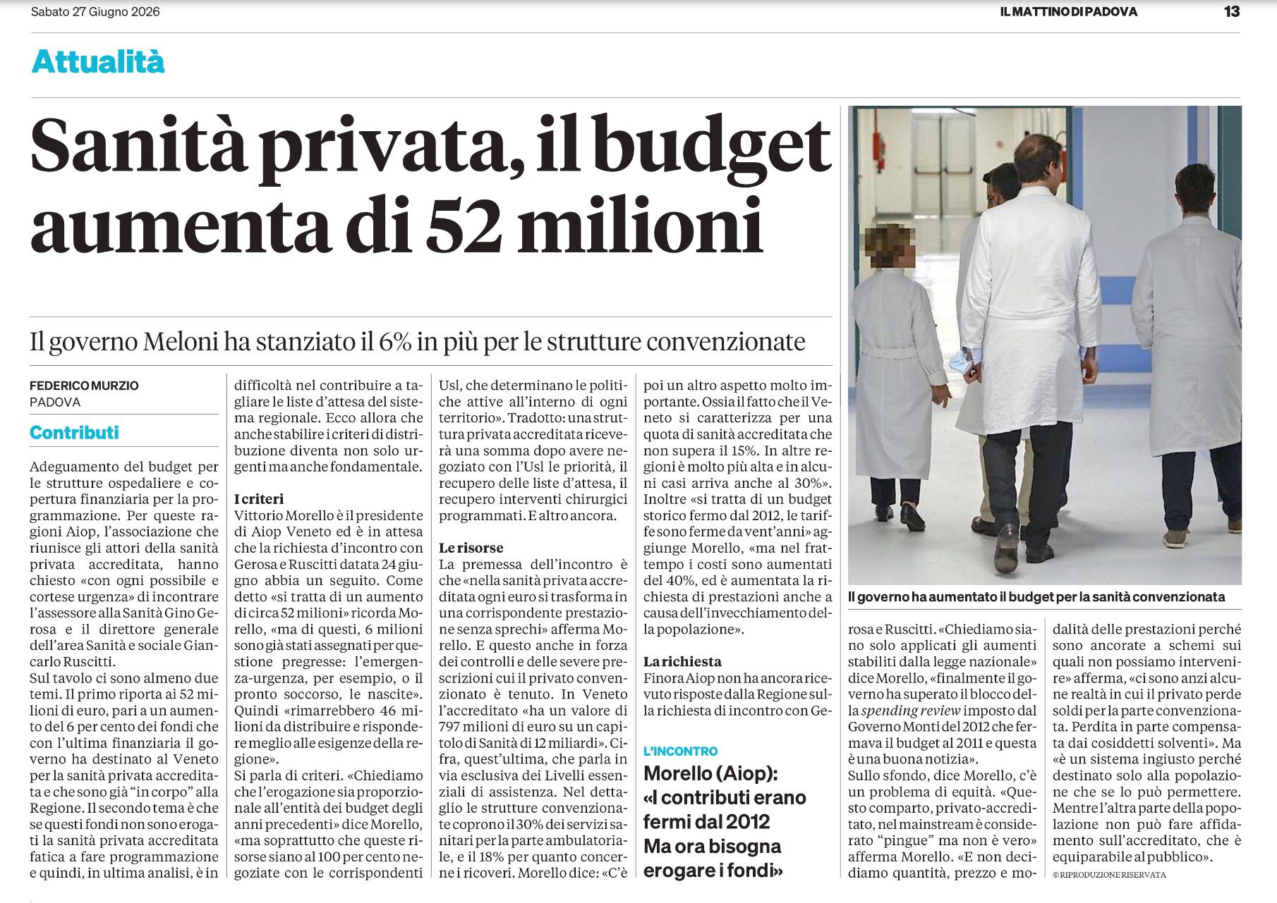 Sanità privata, il budget aumenta di 52 milioni