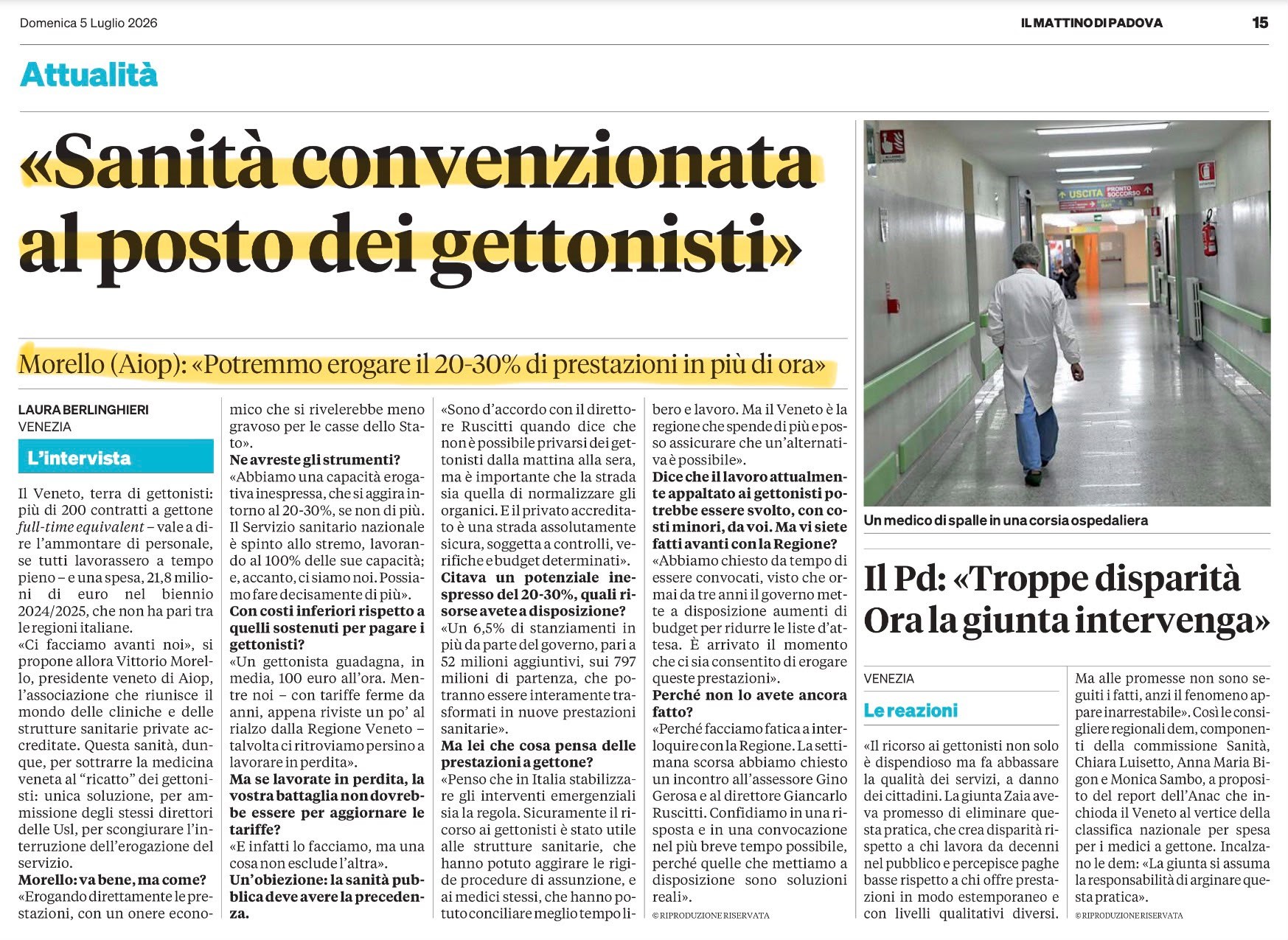 «Sanità convenzionata al posto dei gettonisti»