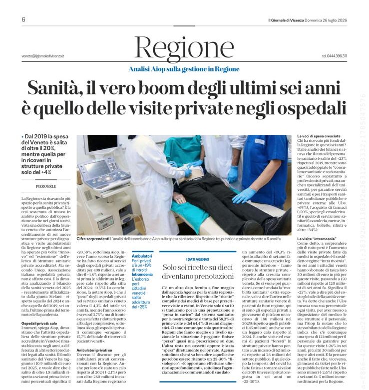 Sanità, il vero boom degli ultimi sei anni è quello delle visite private negli ospedali.Dal 2019 la spesa del Veneto è salita di oltre il 20%, mentre quella per ricoveri in strutture private solo del +4%